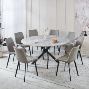 Round Ceramic Dining Table with Leather Chairs