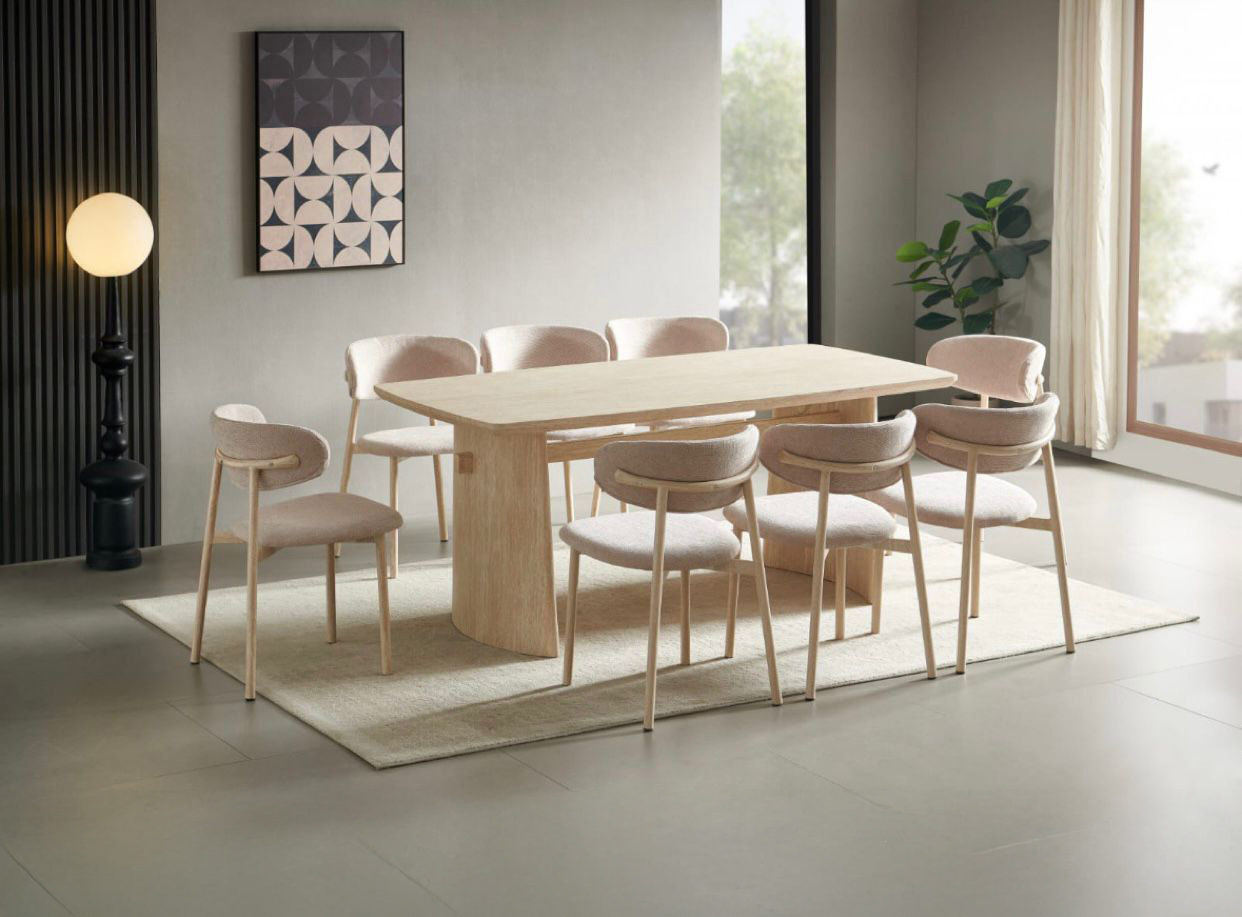 Wooden dining table with 8 chairs, beige, luxurious design