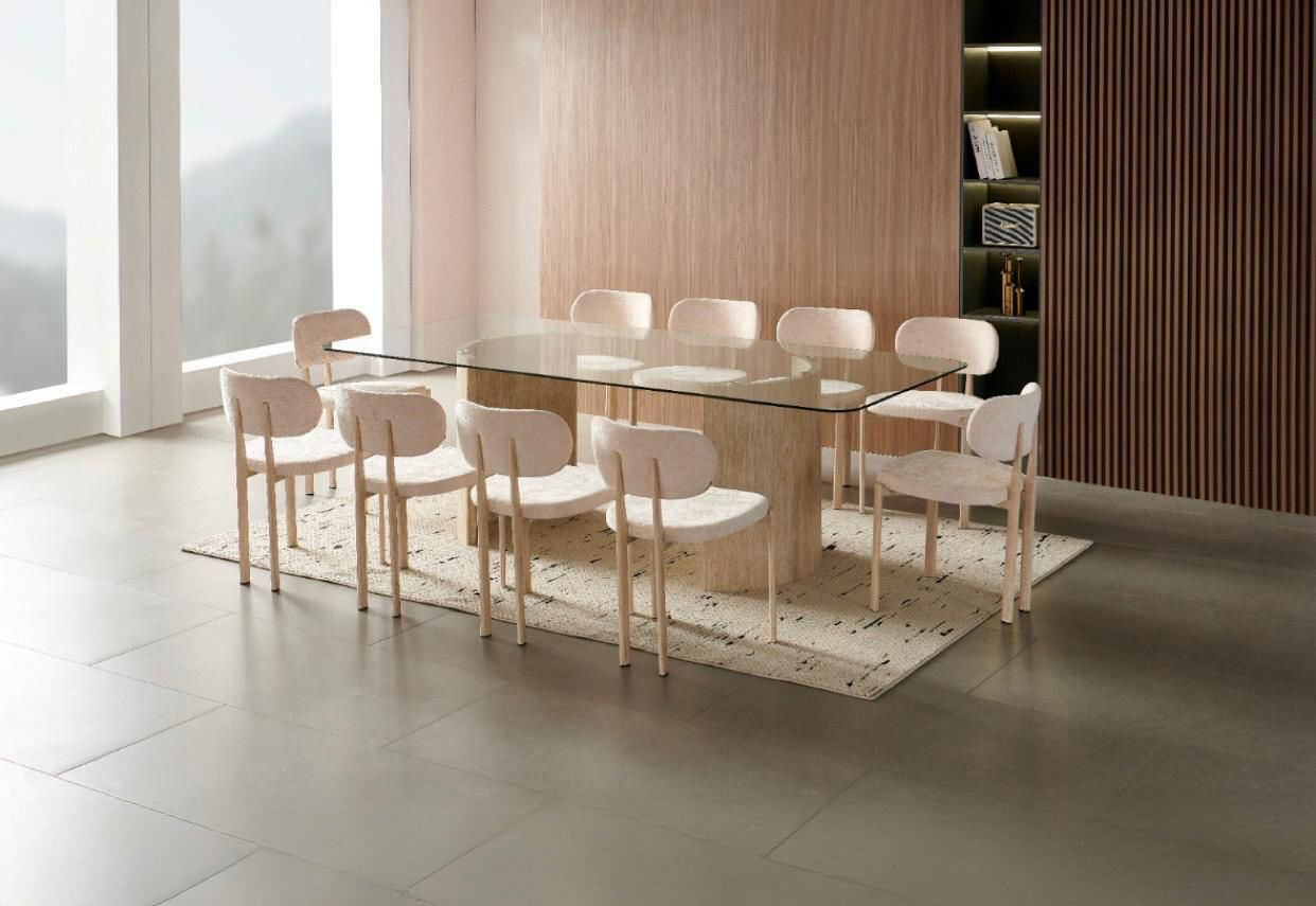 Glass dining table with 10 beige chairs in a luxurious design